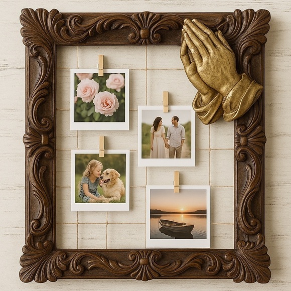 Other - Vtg Praying Hands Picture Frame 3D Ornate Faux Wood Wall Art 8”x10” Shabby Chic